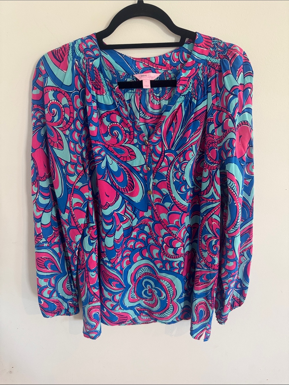 Lilly Pulitzer Pink & Turquoise Abstract Print Peasant Blouse